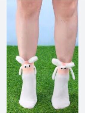 Cute Bunny Accent Crew Socks - Yellow & Pink Pair